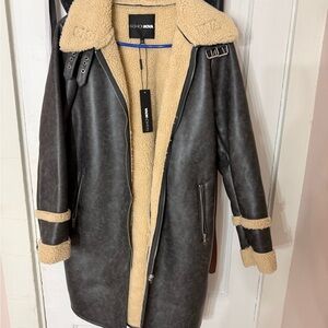Fashion Nova Black Faux Leather Shearling Trench Coat with Tan Lining